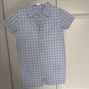 Janie and Jack Light Blue and White Gingham Shortall with Embroidered Chicks
